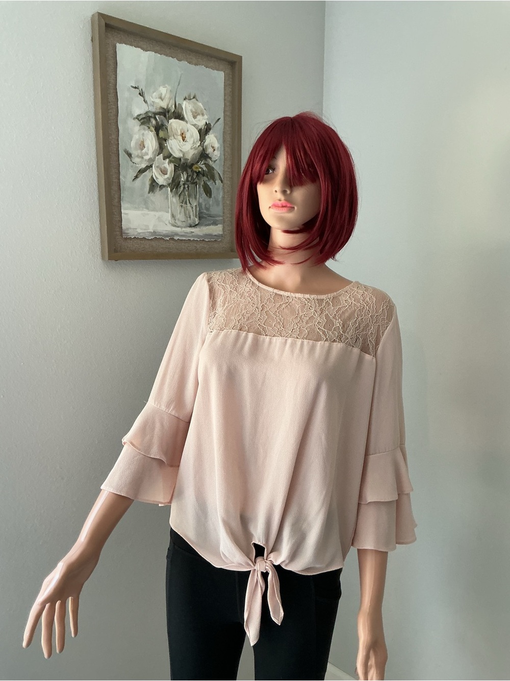 My Michelle Blush Lace Yoke Tie-Front Blouse